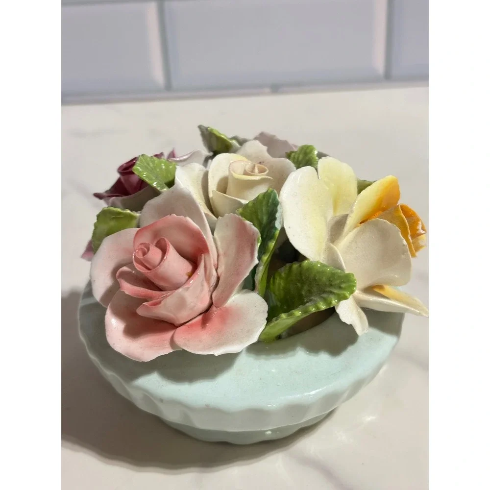 Vintage Porcelain Rose Floral Cluster Figurine Pink Yellow Burgundy Bouquet